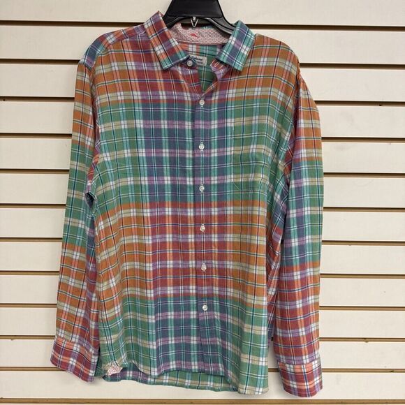 Tommy Bahama Shirt Mens L Barbados Breeze Vibrant Check Stretch Linen Peach Melt - Picture 1 of 13